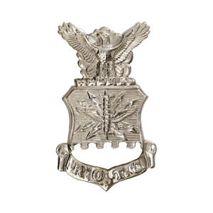 Silver eagle emblem atop a shield with starburst and stripes design, flanked by laurel leaves, with a scroll banner at the bottom. Silver eagle emblem atop a shield with starburst and stripes design, flanked by laurel leaves, with a scroll banner at the bottom.