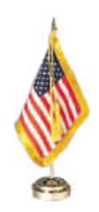 4x6 inch United States flag set with gold base stand. 4x6 inch United States flag set with gold base stand.