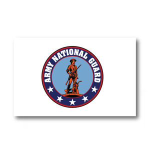 Army national guard flag with a white background and  minute man statue seal in the middle of the flag with "army national guard" written on it. Army national guard flag with a white background and  minute man statue seal in the middle of the flag with "army national guard" written on it.