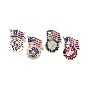Enameled pins featuring US flags and insignias for the US Marine Corps, US Navy, US Air Force, and US Army. Enameled pins featuring US flags and insignias for the US Marine Corps, US Navy, US Air Force, and US Army.