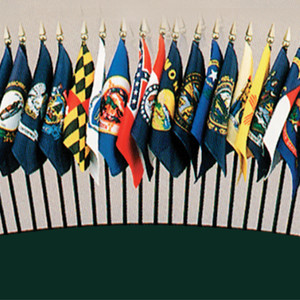 Flags of the 50 states set made with polyester material and mounted on black staffs with gilt spearheads. Flags of the 50 states set made with polyester material and mounted on black staffs with gilt spearheads.