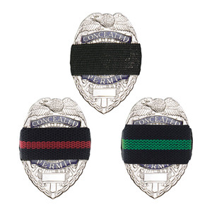 Mourning bands with 3/4-inch wide elastic bands, available in solid black, black with red, green, blue, or purple stripes.