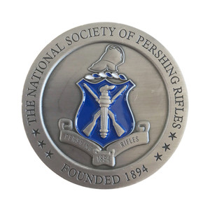 Pershing rifles challenge coin with metal and blue color with "The National Society of Pershing Rifles" written on it. Pershing rifles challenge coin with metal and blue color with "The National Society of Pershing Rifles" written on it.