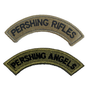 Pershing Rifles and Pershing Angels embroidered uniform tabs for ROTC and military drill team members