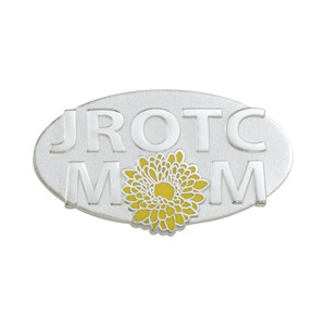Silver-finish JROTC mom cloisonne pin with bright yellow chrysanthemum,1-3/8" in length with a military clutch back.
