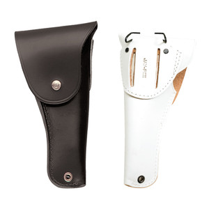 .45 caliber cadet pistol holsters with flap and black belt prongs; hook on or slide on.