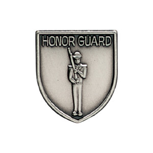 Silver JROTC Honor Guard medal with raised relief of a cadet at attention, rifle held vertically upright.