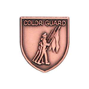 Bronze JROTC Color Guard shield medal showing a three-soldier formation, flagbearer leading at the front.