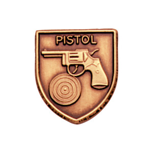Bronze JROTC Pistol shield medal with a raised revolver aimed at a circular bullseye target beneath it.