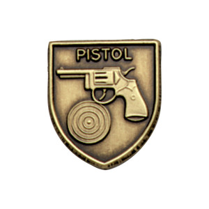 Gold shield-shaped JROTC Pistol award with an embossed handgun positioned directly above a bullseye target.