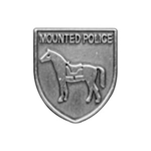 Silver JROTC Mounted Police shield medal with a horse and uniformed rider in raised relief at center.