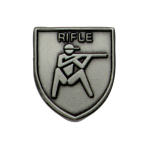 Silver JROTC Rifle shield medal featuring a raised rifle engraving and bold 'RIFLE' inscription at top.
