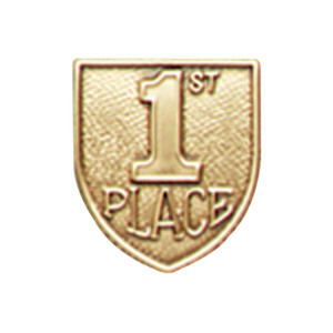 Gold shield-shaped JROTC 1st Place medal with a raised '1ST' numeral and bold 'PLACE' bottom inscription.