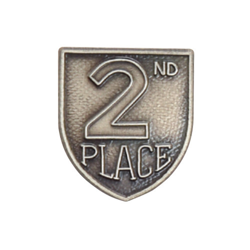 Antique silver shield-shaped JROTC 2nd Place award with bold raised numerals and embossed placement text.