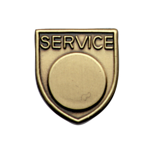 Polished gold JROTC Service award with a plain embossed circle set inside a classic shield-form design.