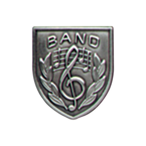 Silver JROTC Band shield medal featuring a clef symbol and musical staff in embossed raised relief.