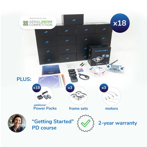 CoDrone EDU JROTC Classroom 18-pack product layout with drone boxes, unboxed units, and included accessories.