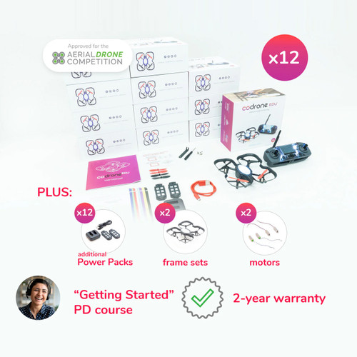 CoDrone EDU 12-pack classroom set with stacked boxes, individual drone, and full component bundle display.