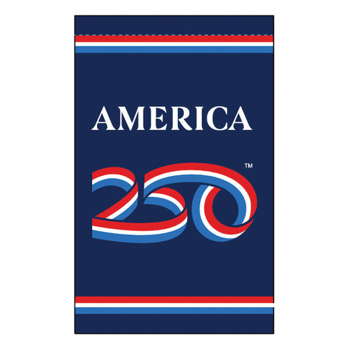 Vertical 30x48 America's 250th Anniversary banner flag featuring a red, white, and blue ribbon '250' logo on a navy field with a top pole sleeve.