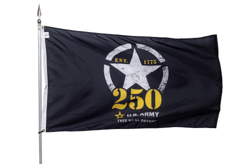 3x5 U.S. Army 250th Anniversary celebration flag on a silver pole, featuring a white star emblem and '250 U.S. ARMY' in yellow text on a black field.