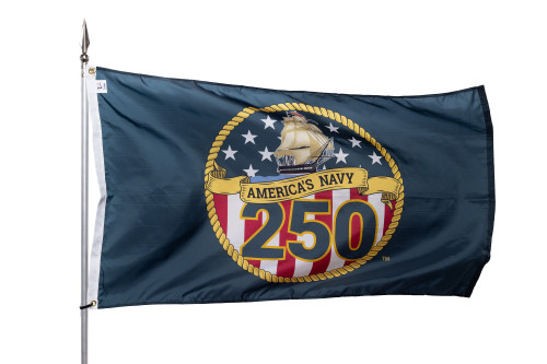 3x5 U.S. Navy 250th Anniversary celebration flag featuring a yellow Navy anchor emblem, '250th' text, and '1775-2025' on a dark blue field.