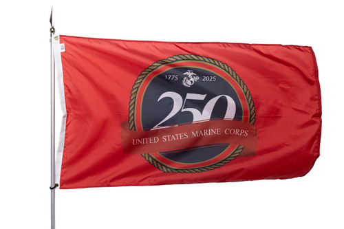 3x5 United States Marine Corps 250th Anniversary celebration flag in scarlet red, featuring a circular 250 emblem with the Eagle, Globe, and Anchor and commemorative dates 1775–2025.