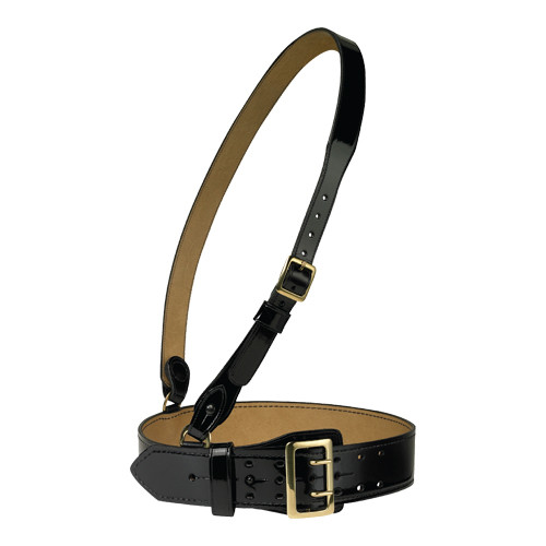 Black Sam Browne leather belt with left shoulder strap for right-hand pistol draw