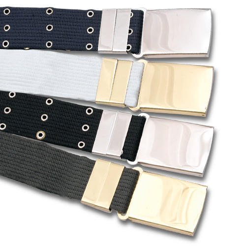 Assortment of parade belts in various colors including white, black, and navy blue with gold-colored buckles, displayed in an overlapping arrangement.