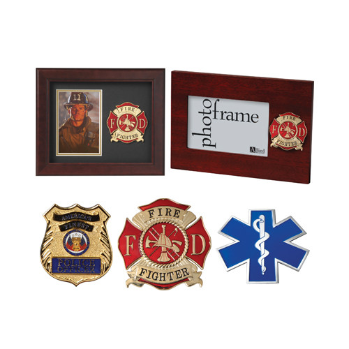 A die-cast, gold-plated police, firefighter, or EMS medallion CIVILIAN SERVICES MEDALLION PICTURE FRAMES with both horizontal and vertical images.