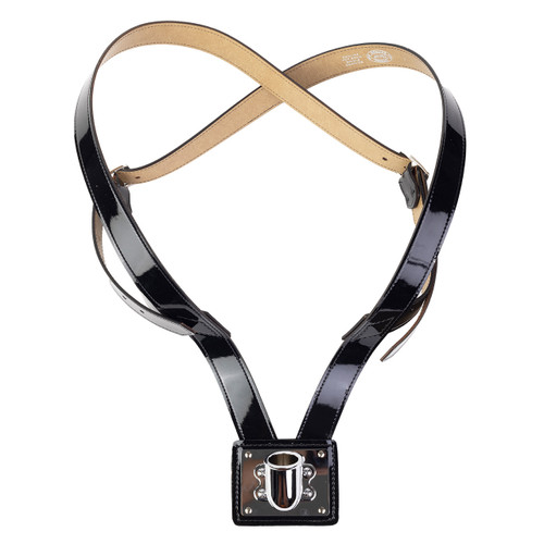 Honor Guard black leather double harness flag carrier featuring high-gloss patent leather straps and a polished silver metal socket for flag poles.