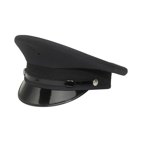 Sturdy plastic inner frame, 1/2" black plastic front snap, black patent leather visor military-style uniform cap