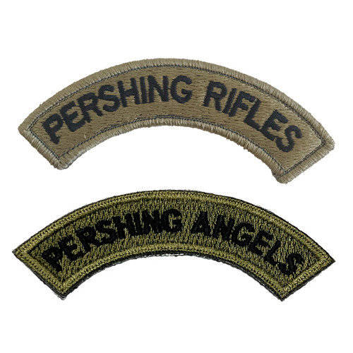 Pershing Rifles and Pershing Angels embroidered uniform tabs for ROTC and military drill team members