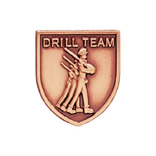 Antique bronze JROTC Drill Team medal showing three cadets marching in step carrying rifles at shoulder.