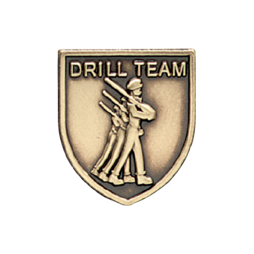 Gold shield-shaped JROTC Drill Team award with embossed marching cadets in synchronized rifle formation.