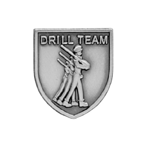 Silver JROTC Drill Team shield medal depicting uniformed cadets marching in coordinated rifle formation.