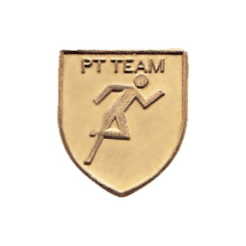 Gold JROTC PT Team shield medal featuring an embossed running figure captured mid-stride at the center.