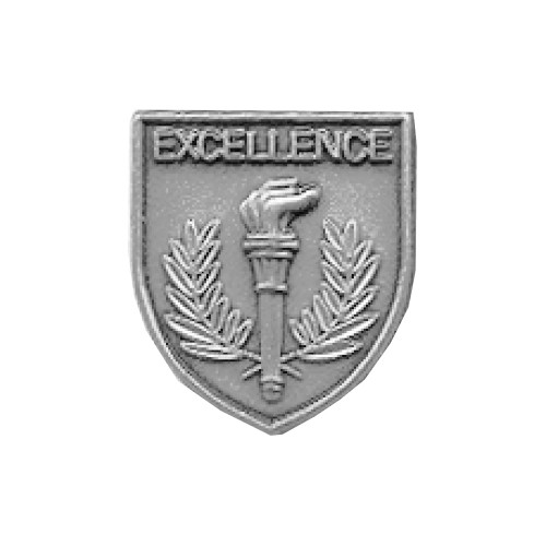 Silver JROTC Excellence shield medal with an embossed flaming torch framed by ornamental laurel branches.