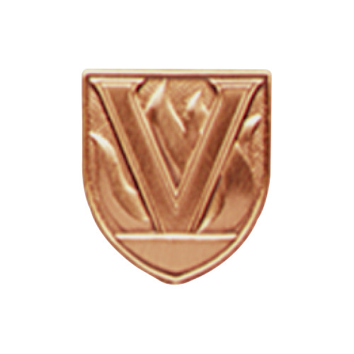 Bronze shield-shaped JROTC medal with a bold letter 'V' rising over a backdrop of raised flickering flames.
