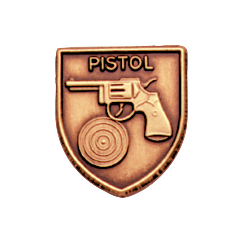 Bronze JROTC Pistol shield medal with a raised revolver aimed at a circular bullseye target beneath it.