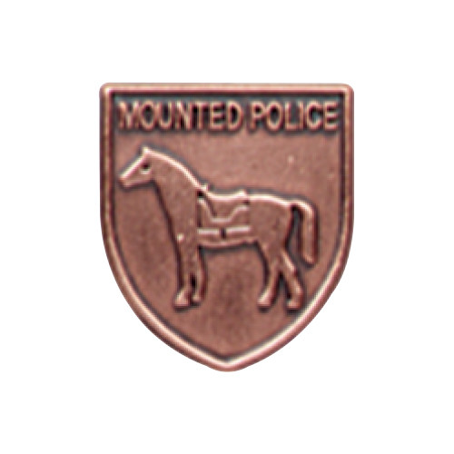 Bronze JROTC Mounted Police shield medal with a horse and rider profile embossed at the center.