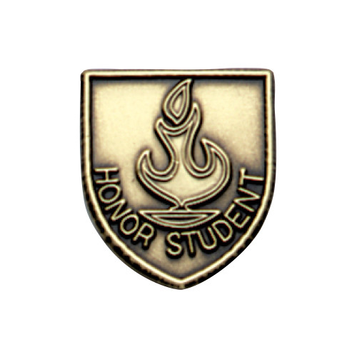 Gold JROTC Honor Student award in shield form with a book-and-torch emblem and curved bottom lettering.