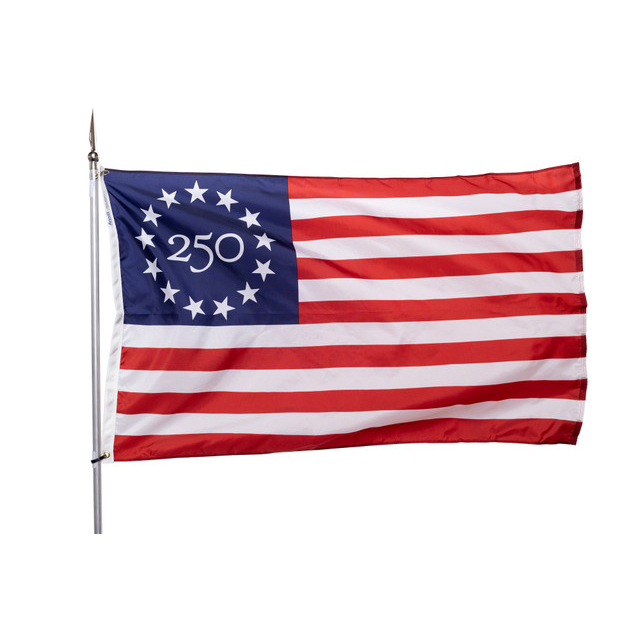 Betsy Ross-style edition flag with 13 stars circling the number '250', commemorating the U.S. 250th anniversary.