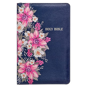 KJV Holy Bible Standard Size Faux Leather Red Letter Edition - Thumb Index & Ribbon Marker, King James Version, Blue Floral, Zipper Closure