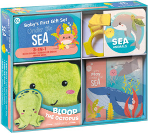Baby's First Gift Set Under the Sea: Soft Baby Wash Mitt for Toddlers 1-3, Stroller Book, Waterproof Bath Books - Best Newborn Baby Gifts