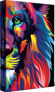 KJV Holy Bible, Multi Color Lion of Judah, Large Print, Handy Size Format, Hardcover, Ribbon Marker, and Red Letter