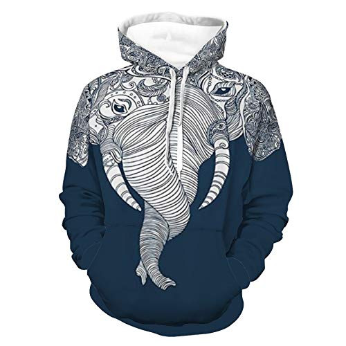 Unisex Realistic Print Hoodie Art Flower Elephant Pattern Hooded Sweatshirts Long Sleeve Light-weight Sweater with Pocket for Women Men