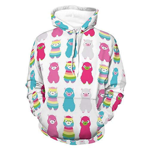 Women Men Hoodies 3D Print Unisex Casual Hooded Sweatshirts Baby Alpaca Llama Rainbow Pattern Autumn Outfit with Pocket for Jogging Holiday