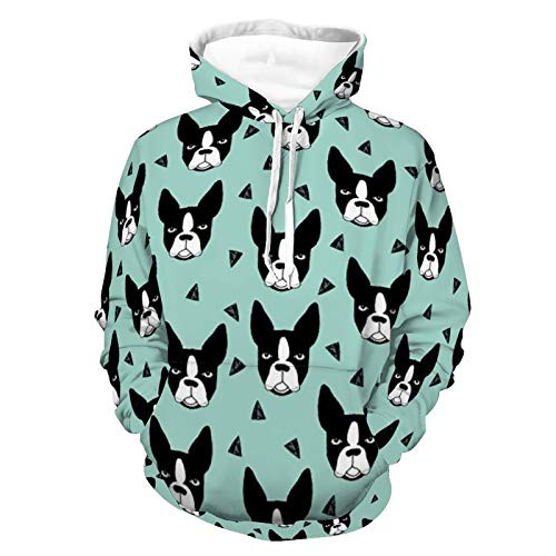 Unisex Realistic Print Hoodie Boston Bull Terrier Dog Pattern Pullover Hooded Sweatshirt Long Sleeve Casual Sweater With Pocket For Women Men