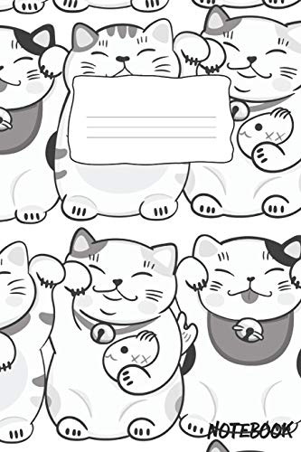 Notebook: Ruled Paper 120 Pages, 6 X 9 Inches, White Paper, Matte Finished Soft Cover (Black & White Smiling Maneki-Neko Cute Lucky Cat Charm Fortune Cat)