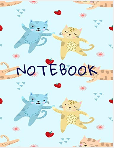 NOTEBOOK: College Ruled Notebook - Pink, Blue and Orange Cats with Red Strawberries Large (8.5 x 11 inches) - 140 Pages